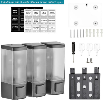 Shampoo and Conditioner Dispenser for Shower, 3 Chamber, Black | Wall Mounted, No Drill, 3×16.9oz, ABS Plastic Material, Refillable With Labels, For Bathroom Hotel
