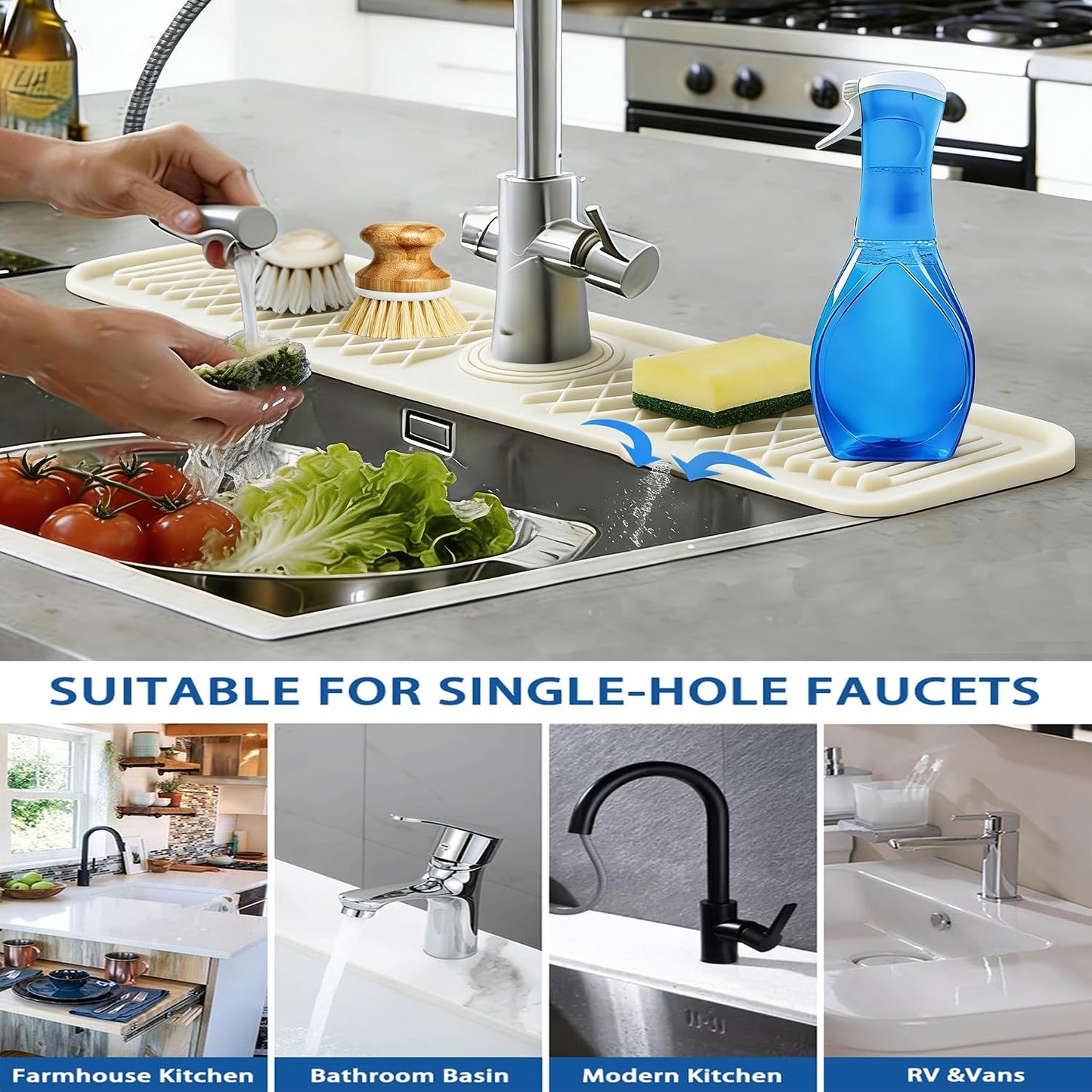 Kitchen Sink Splash Guard Gen2-30" x 6'' Silicone Sink Mat Splash Guard fit for Countertop, Bathroom,Farmhouse,RV by EBIGIC (Grey)