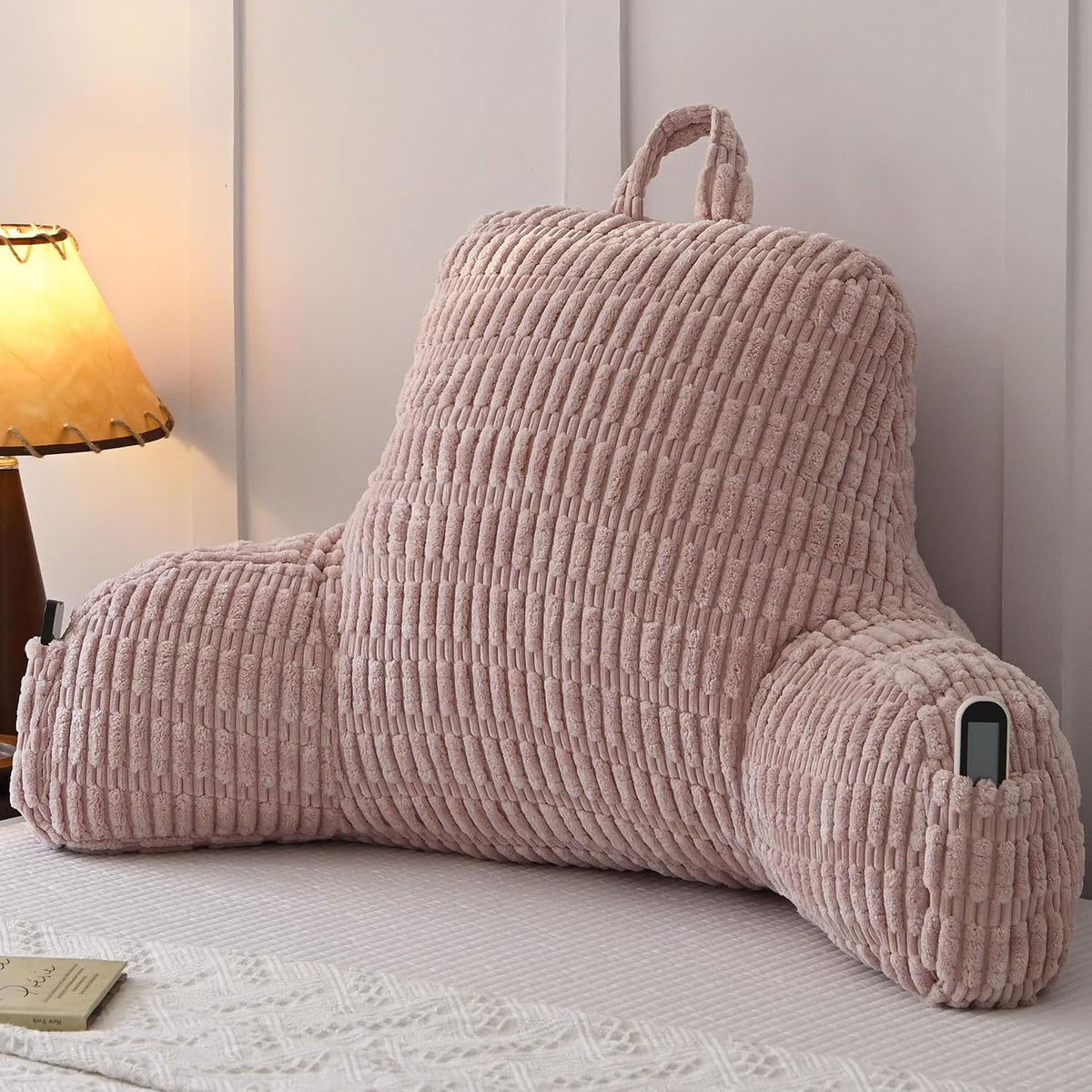 Faux Fur Reading Pillow for Sitting in Bed, Large Backrest Bed Pillow with Arms, Back Support Pillow for Lounging Bedrest, Beige