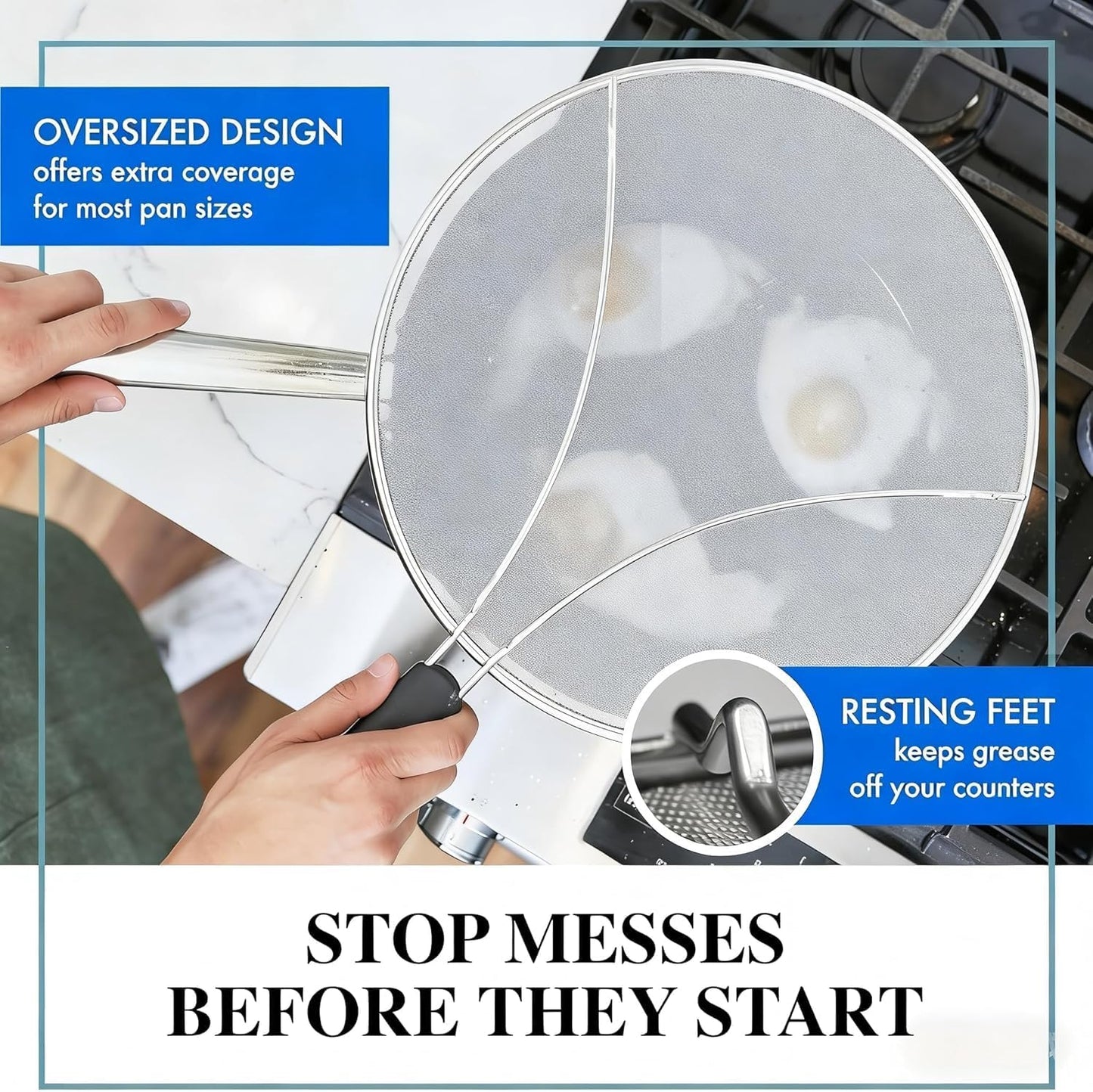 Stainless Steel Splatter Guard Fine Mesh For Pots Frying Pans(15in) | Rust-proof metal mesh blocks oil splashes while venting steam, heat-insulated grip, dishwasher safe, hangable flat storage