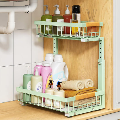 PXRACK Under Sink Organizer, Adjustable Height, 2 Tier Pull Out Under Cabinet Organizer, Slide Out Thickened Metal Under Sink Storage for Kitchen Bathroom Laundry Pantry Cabinet, White, Large-2-Pack