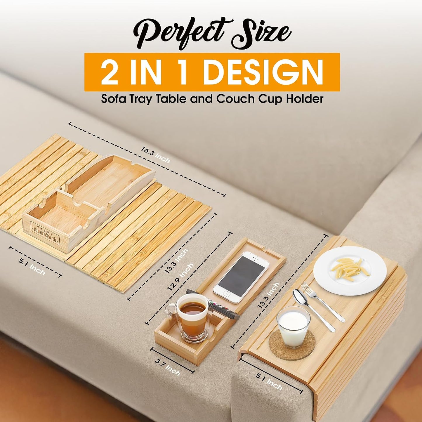 Bamboo Couch Cup Holder, 2 Cork Coasters, Anti-Slip Foldable Couch Arm Tray | 2 in 1 Foldable Sofa Arm Tray, Couch Armrest Table, Anti-Spill Couch Arm Table for Drinks TV Remote Cellphone Snacks
