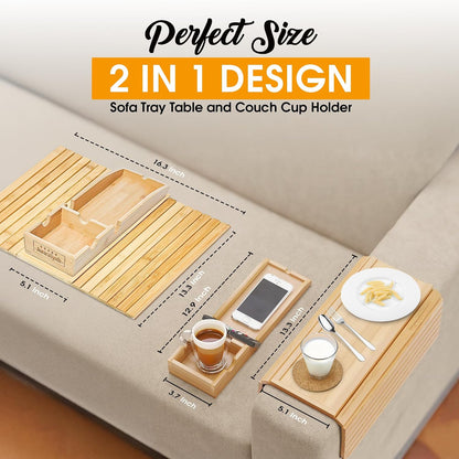 Bamboo Couch Cup Holder, 2 Cork Coasters, Anti-Slip Foldable Couch Arm Tray | 2 in 1 Foldable Sofa Arm Tray, Couch Armrest Table, Anti-Spill Couch Arm Table for Drinks TV Remote Cellphone Snacks