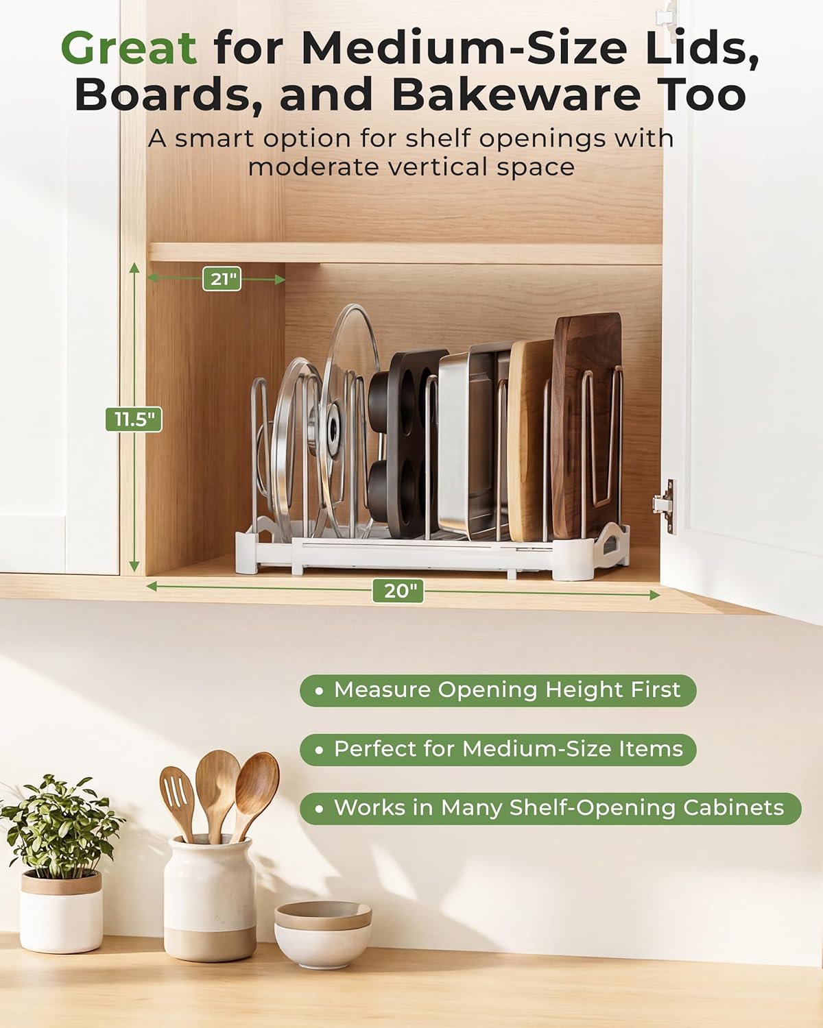 EVERIE Adjustable Cabinet Organizer for Pot Lids, Bakeware, Cookie Sheets & Cutting Boards, Upright Storage Rack for Kitchen Cabinet, Stable Dividers, 9.7" Deep, 12.6" to 21.5" Wide, GS02SS | 5mm Steel Dividers, Anti-Wobble, M-Slot for Lid Handles,