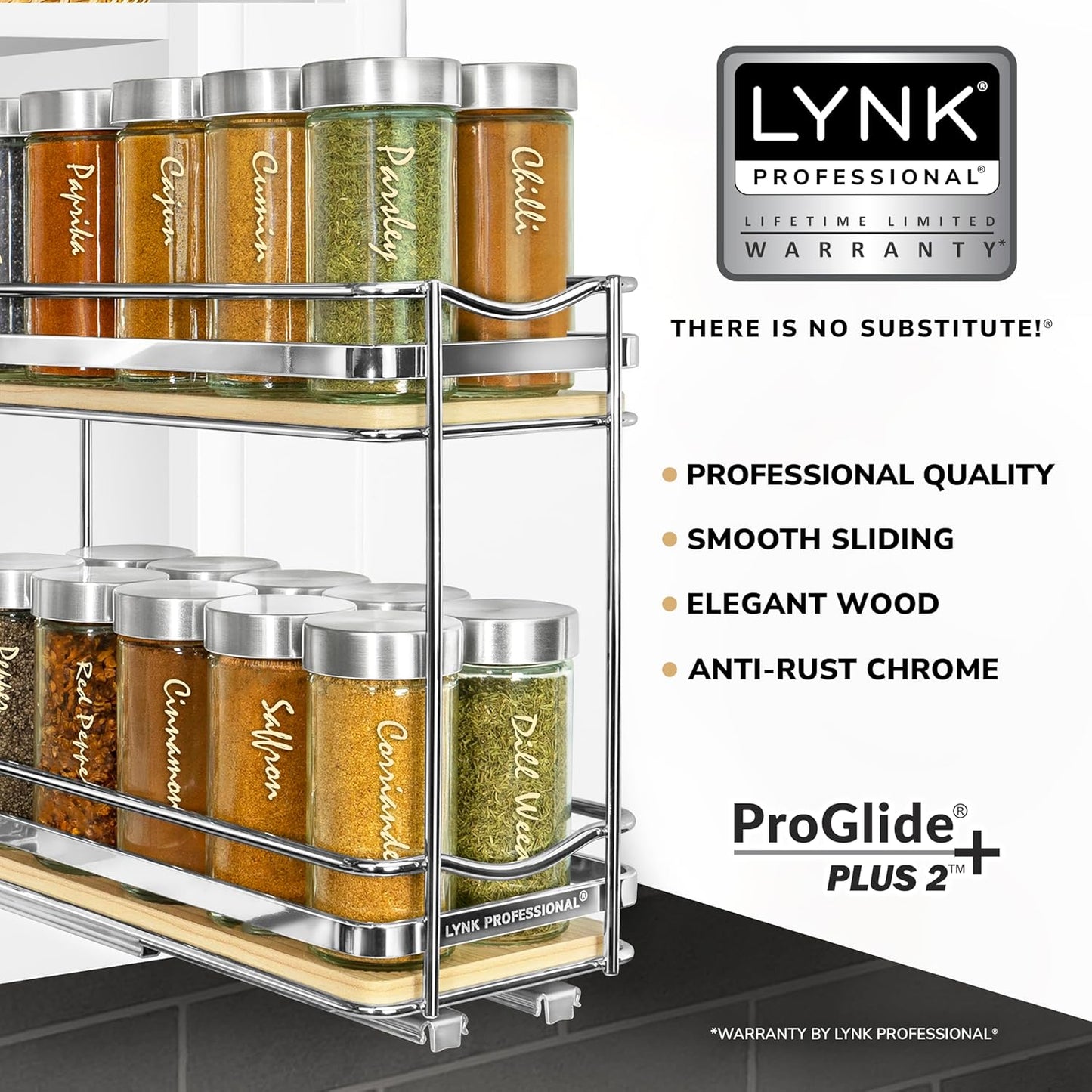 LYNK PROFESSIONAL® Pull Out Spice Organization for Cabinets - 4-3/8 inch Wide – Spice Rack for Inside Cabinets, Slide Out Spice Rack Organizer for cabinet – Pull Out Spice Rack, Sliding 2 Tier Chrome