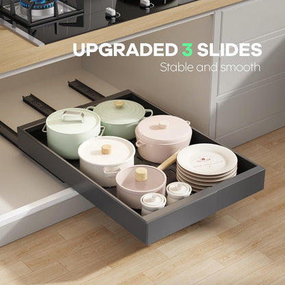 Seinloes 2Pack Pull out Cabinet Organizer 21"Deep with 4 Adjustable Dividers,Expandable（12.1"-20.4"W） Pots and Pans Organizer Under Cabinet with Raising Pad for Framed Cabinets,Slide out Drawers,White