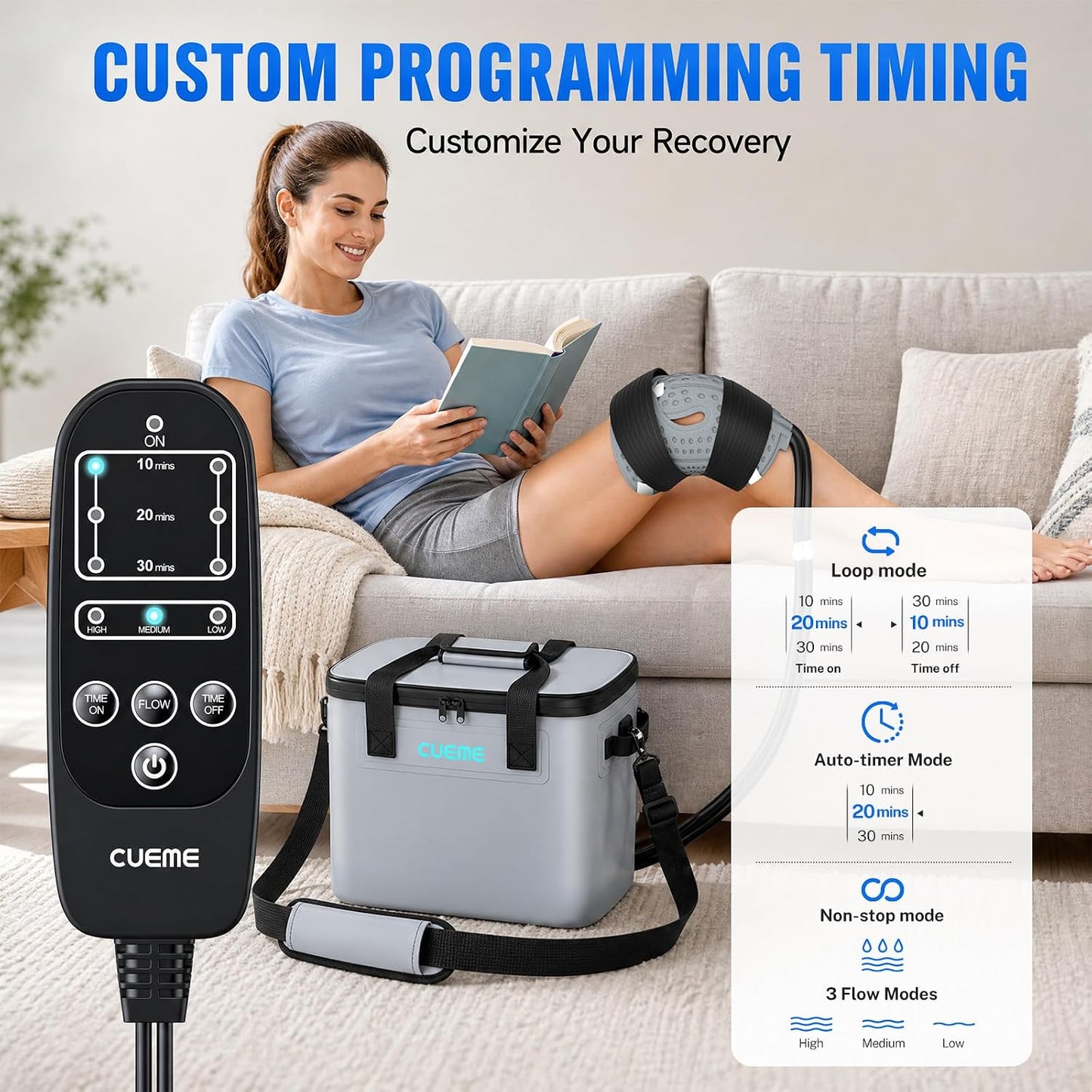 CUEME Ice Machine for Knee After Surgery with Upgraded Strap-Sewn Compression Pad (16.14'' X 14.56''), 20 QT, Programmable Timer Knee Ice Machine, Cold Therapy Machine for Shoulder/Hip/Ankle/Foot