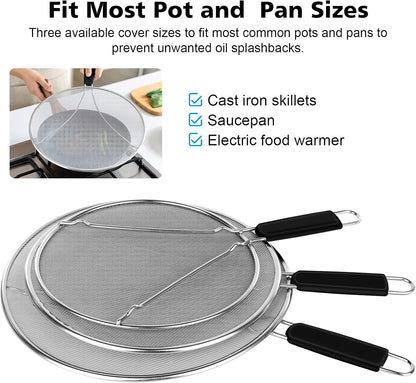 Nonley Splatter Screen for Frying Pan - 9.8"" 11.4"" 13"" Grease Splatter Guard Hot Oil Splatter Guard, Stainless Steel Fine Mesh Splash Guard with Resting Feet for Cooking to Prevent Oil Splatter