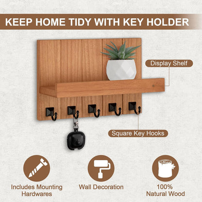 Key Holder for Wall, Decorative Key Holder with Shelf | Key and Mail Holder Wall Mount, Farmhouse Decor with 5 Key Hooks for Keys, Coats, ect.