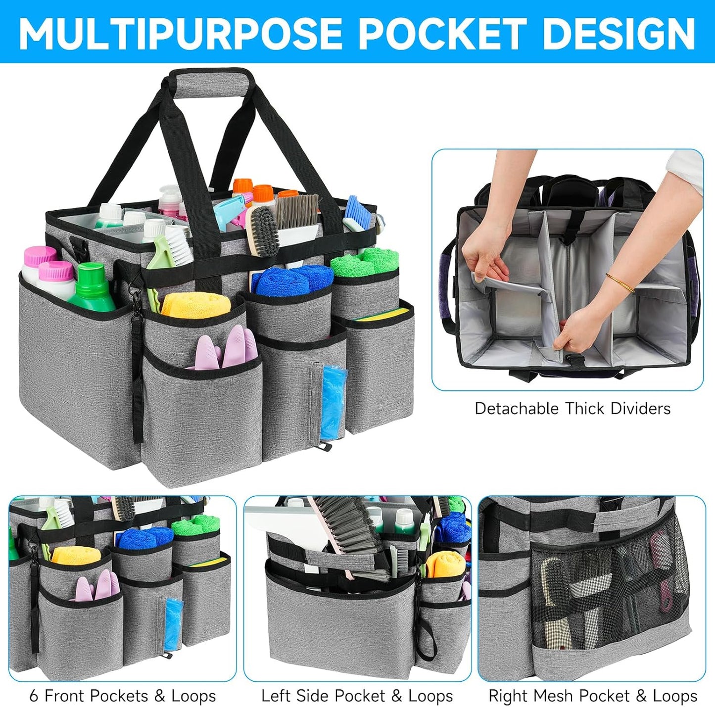 Large Rolling Cleaning Caddy Bag with Detachable Trolley,Cleaning Cart on Wheels with Shoulder Strap,Cleaning Supplies Organizer for Housekeepers,Purple