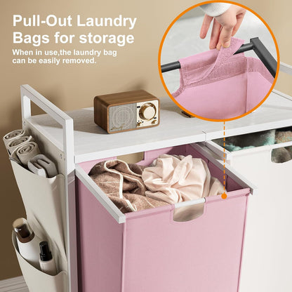 WOWLIVE Double Laundry Hamper with Wheels, Rolling Laundry Basket Organizer | Laundry Hamper 2 section with Lid, Iron-Made Laundry Sorter with Shelf, Removable Bags, Large Clothes Storage, White