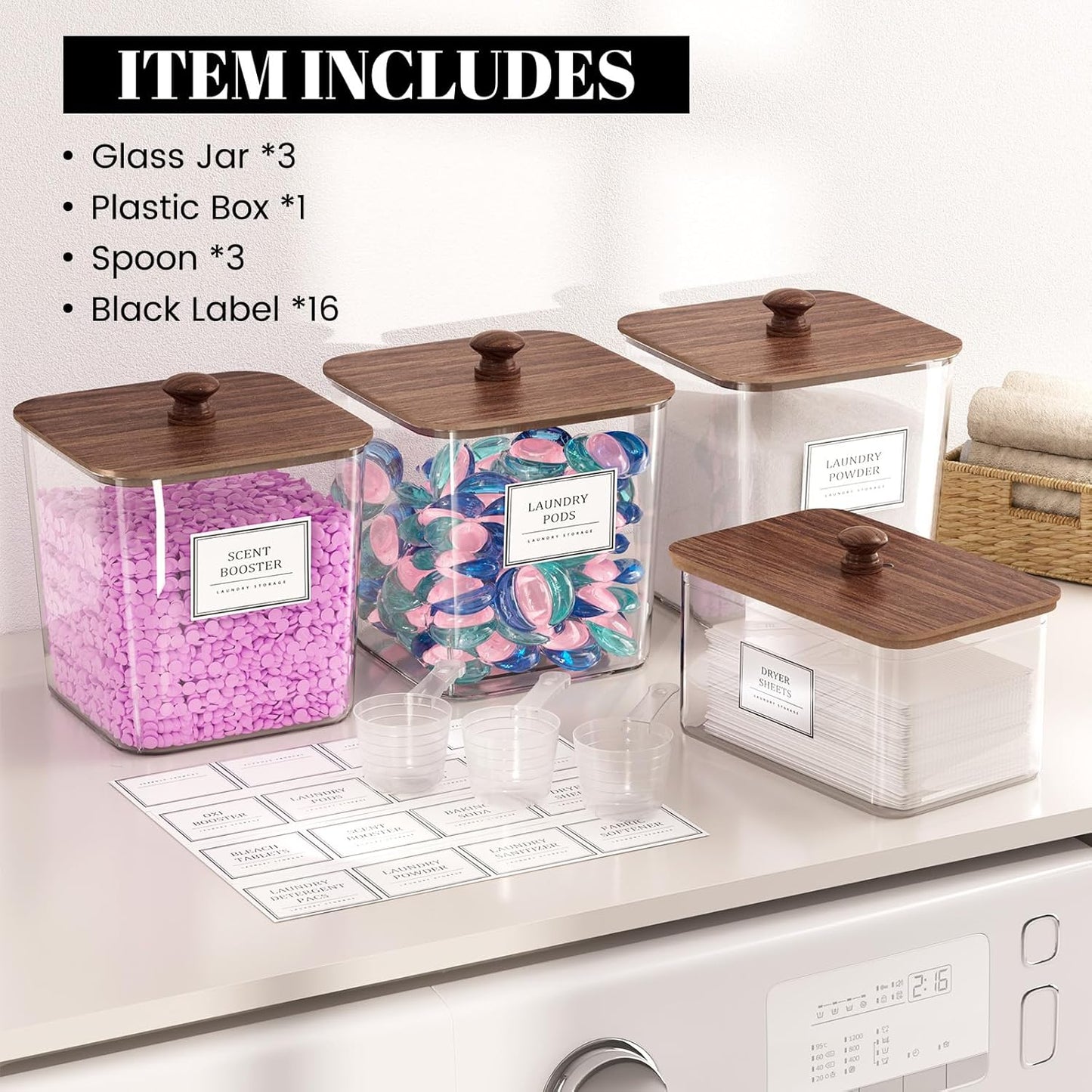 HomePekite Laundry Pods Storage Container, Clear Laundry Room Organization and Storage ,Detergent Powder Container,with Wooden Lids & Labels, 3+1 Pack