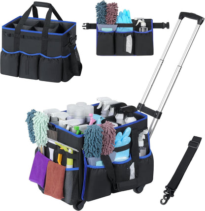 Rolling Cleaning Caddy Bag with Detachable Trolley, Large Multi-Pockets Cleaning Supply Organizer with Handles and Shoulder Strap, Cleaning Cart Supplies Organizer for Housekeepers, Cleaners, Car