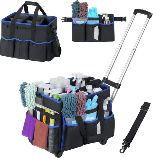 Rolling Cleaning Caddy Bag with Detachable Trolley, Large Multi-Pockets Cleaning Supply Organizer with Handles and Shoulder Strap, Cleaning Cart Supplies Organizer for Housekeepers, Cleaners, Car