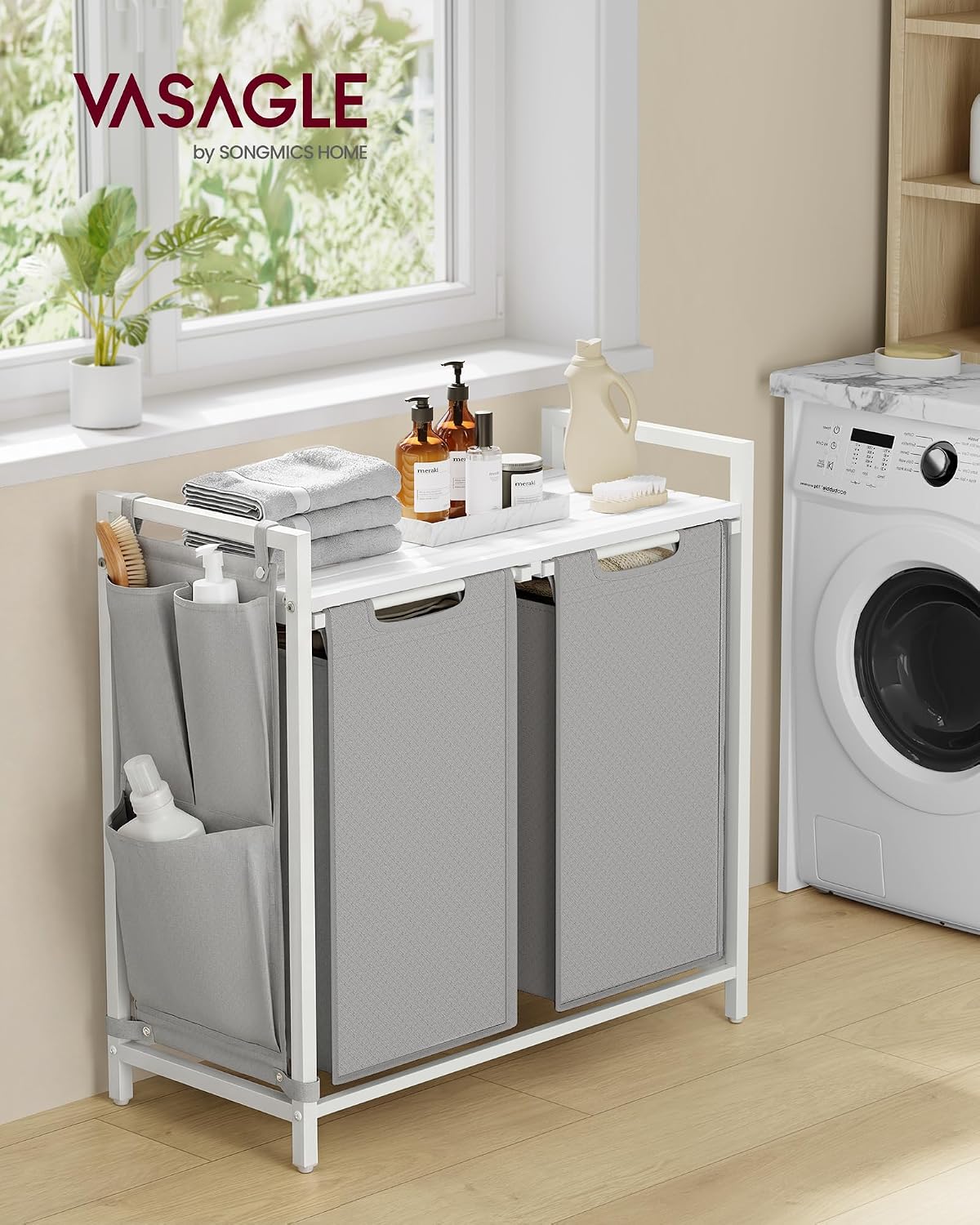 VASAGLE Laundry Hamper, Laundry Basket Sorter with 3 Pull-Out and Removable Bags, Shelf, Metal Frame, 3 x 10.6 Gallons (40 L), 36.4 x 13 x 28.4 Inches, Cappuccino Beige and Natural Beige UBLH301LH01