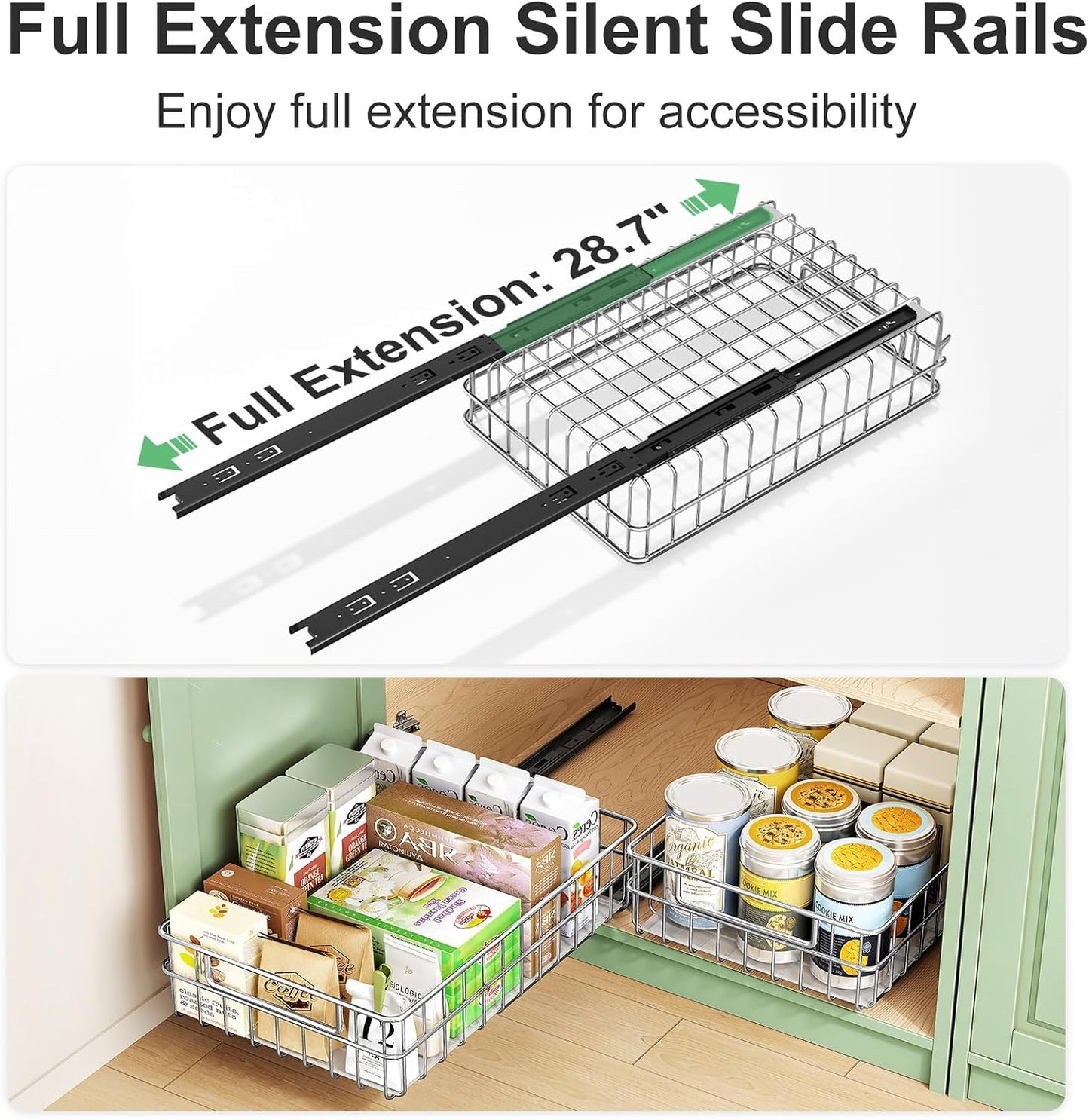 Pull out Cabinet Organizer, Stainless Steel 2-Pack Slide out Drawer with Silent Full-Extension Slides, Adhesive Roll out Can Spice Storage Basket Shelf Rack for Pantry, Kitchen, Bathroom, Home Closet