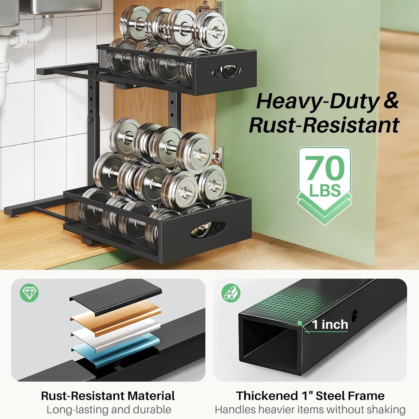 Under Sink Organizer, 2-Pack Pull Out Cabinet Organizer 2 Tier Metal Slide Out Storage Shelf Rack, L-Shaped Adjustable Height,Mesh Sliding Drawer for Kitchen, Bathroom, Laundry, Pantry, White, XL