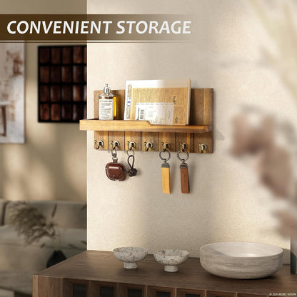 Rebee Vision Key Holder Wall Mount with 5 Key Hooks for Home Decor, Brown | 3.54'' x 10'' x 7.28'', Small Shelf for Display Plant, Key Hangers for Hat, Entryway Space-Saving Storage