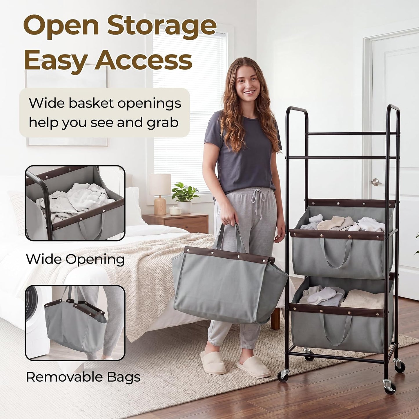 GRANNY SAYS 3 Tiered Laundry Sorter, Narrow Hamper Cart with Wheels | Sturdy 3 Section Laundry Basket with Wheels, Vertical Beige Hamper Cart for Bedroom, Bathroom, Apartment