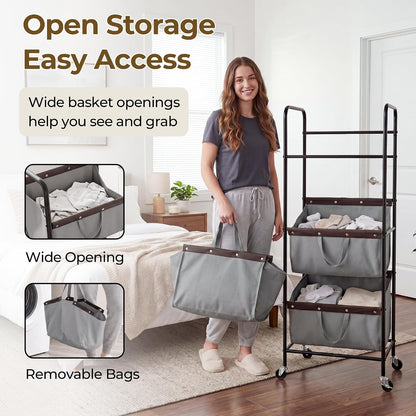 GRANNY SAYS 3 Tiered Laundry Sorter, Narrow Hamper Cart with Wheels | Sturdy 3 Section Laundry Basket with Wheels, Vertical Beige Hamper Cart for Bedroom, Bathroom, Apartment