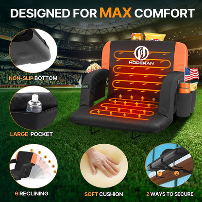 HOPERANHeated Stadium Seats Orange | Independent Seat & Back 3 Level Heat (NO Battery), Soft Cushion, 6 Recliner, Anti-Slip, Side Pockets, Backpack Straps