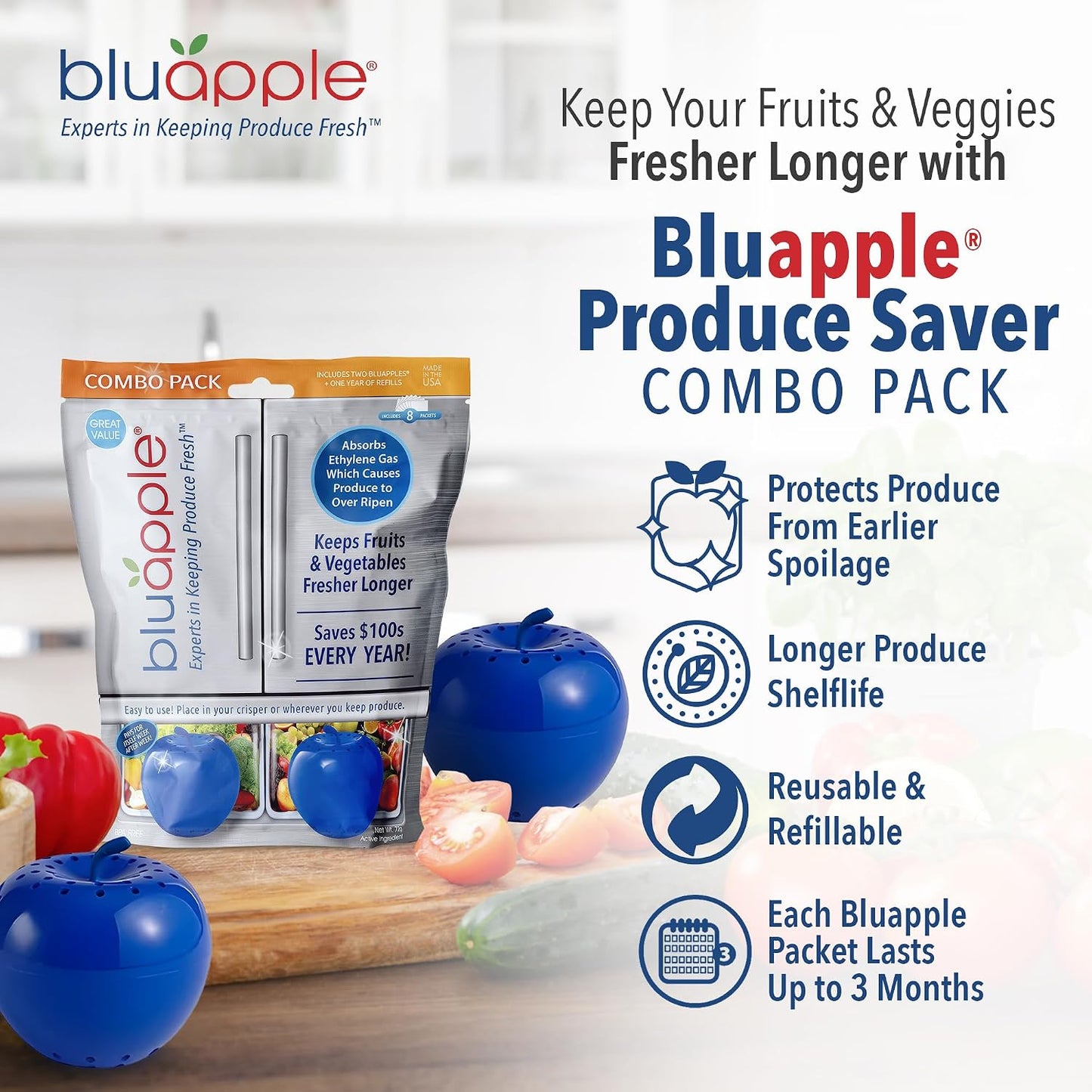 Bluapple Produce Saver Ethylene Gas Absorber - Fresh Fruit & Vegetable Storage for Refrigerator Crisper, Shelves & Fruit Bowls, Produce Keeper, Fruit Saver, Kitchen Must Haves, BPA-Free - 2-Pack