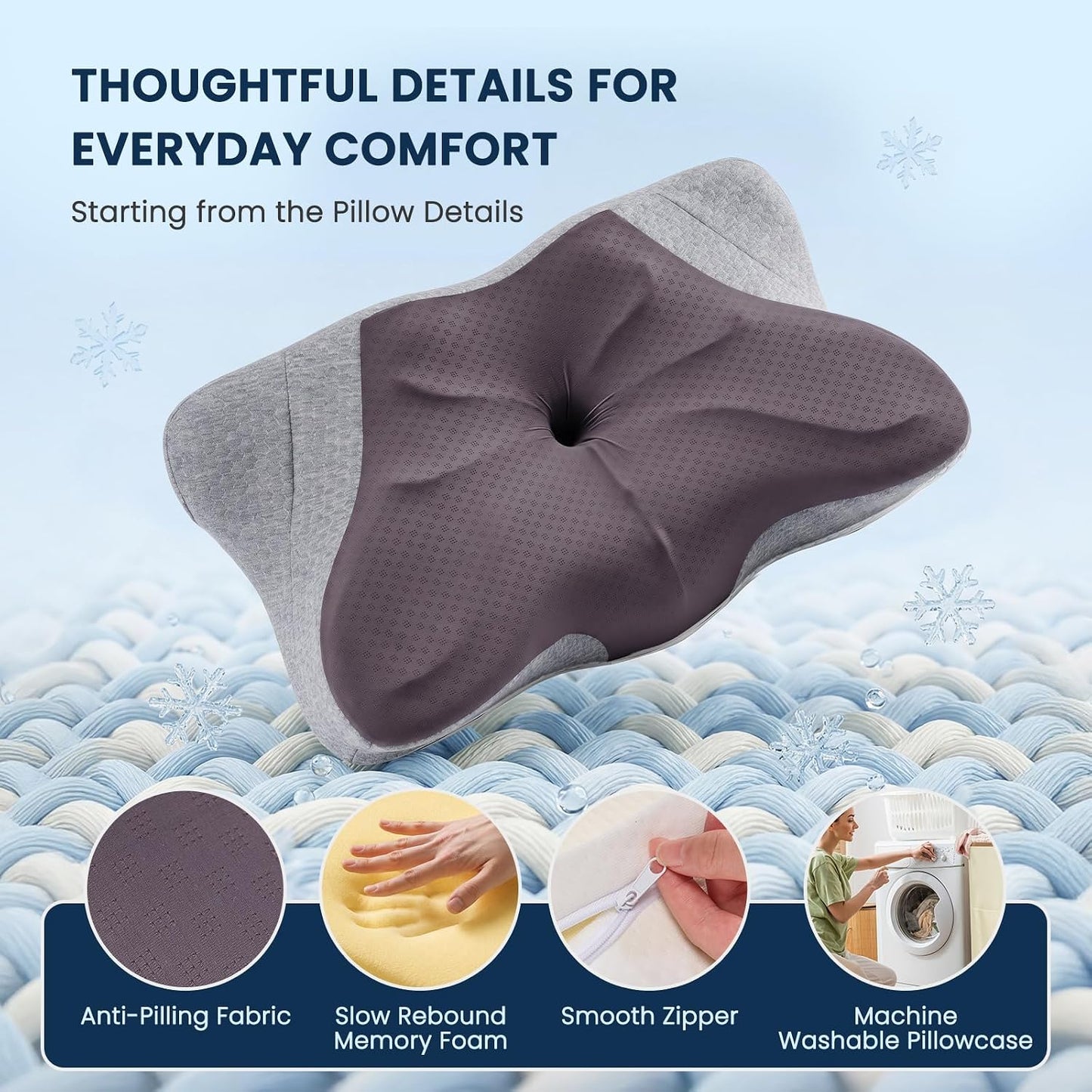 Sweetcrispy Cervical Pillow for Neck and Shoulder - Ergonomic Memory Foam Pillows, Contour Side Sleeper for Adults, Cooling Orthopedic Neck Support for Back Stomach Sleepers, White