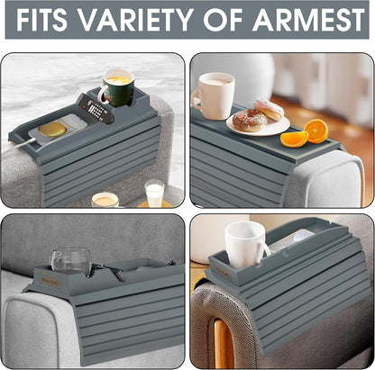 Bamboo Couch Cup Holder, 2 Cork Coasters, Anti-Slip Foldable Couch Arm Tray | 2 in 1 Foldable Sofa Arm Tray, Couch Armrest Table, Anti-Spill Couch Arm Table for Drinks TV Remote Cellphone Snacks