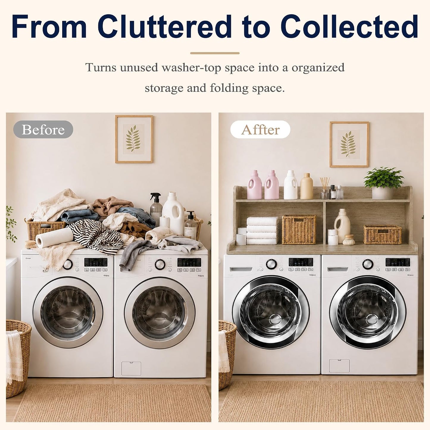 Royxen Washer Dryer Countertop with Extra Tall Shelf, 19" Height Washer and Dryer Topper, Laundry Countertop with Non-Slip Pads, Universal Fit for Laundry Room Organization, Walnut