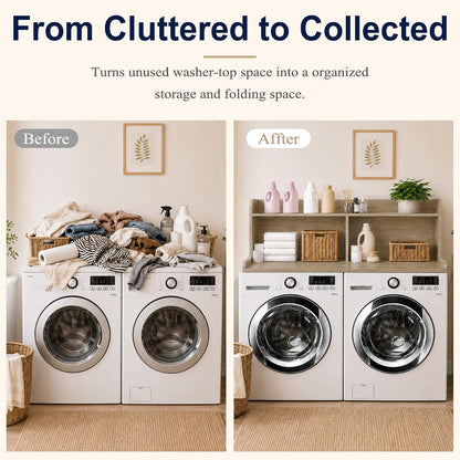 Royxen Washer Dryer Countertop with Extra Tall Shelf, 19" Height Washer and Dryer Topper, Laundry Countertop with Non-Slip Pads, Universal Fit for Laundry Room Organization, Walnut