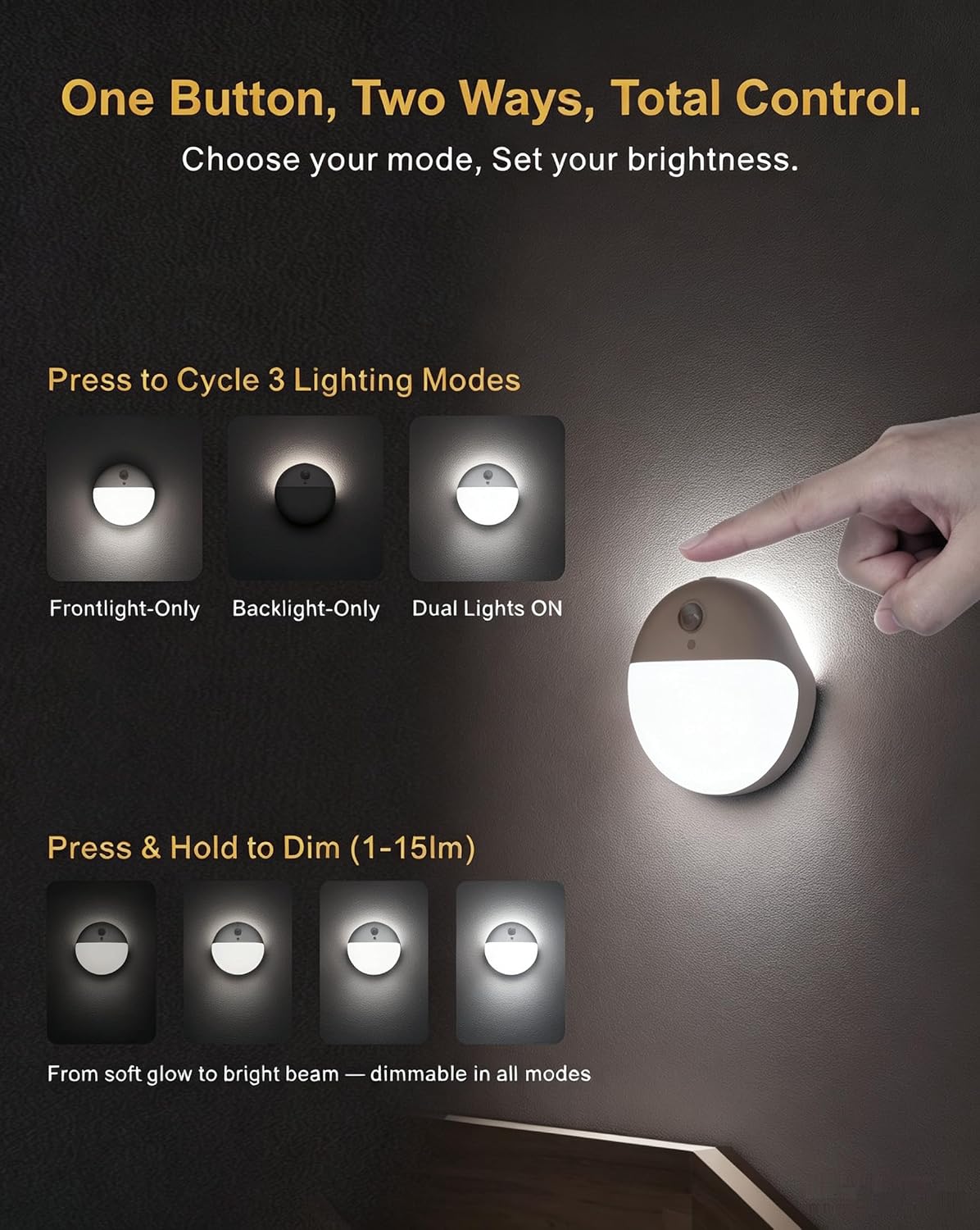 Small Motion Sensor Amber Night Light Battery Operated, Toilet Light | 2 Pack, 3 Modes, Dimmable 1-15lm, Dim Light Soft Glow, No Plug, Wireless Stick on Light for Bedroom, Sleep, Bathroom, Kids