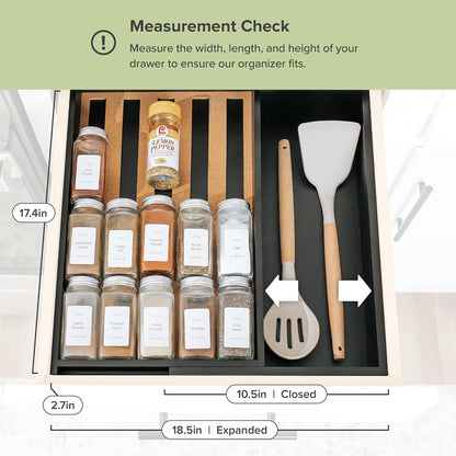 Expandable Spice Drawer Organizer, Bamboo | Holds up to 15 spice jars (not included), non-slip feet, 100% sustainable bamboo wood