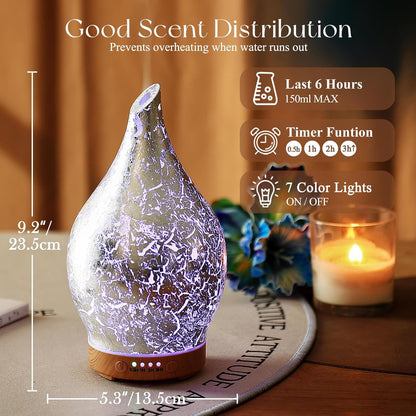 Porseme Oil Diffuser 3D Glass Aromatherapy Ultrasonic Humidifier, Air Refresh Auto Shut-Off, Timer Setting, BPA Free for Home Hotel Yoga Leisure SPA Gift 150ml Last 6H - Colors B