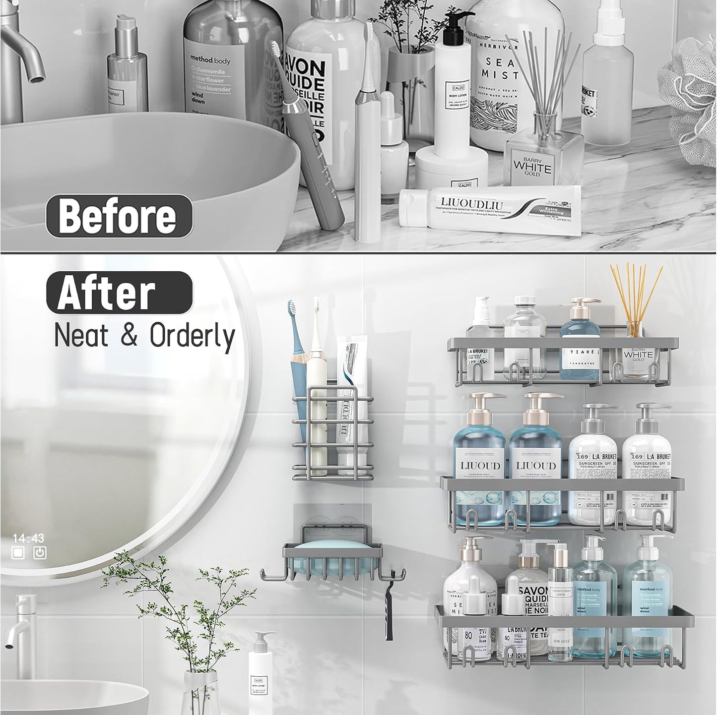 Liuoud 5 Pack Shower Caddy for Inside Shower, Gold Bathroom Storage Decor | Large Rustproof Stainless Steel Organizer with Strong Adhesive, No Drilling Wall Mounted Shelves, Bathroom Accessory Set