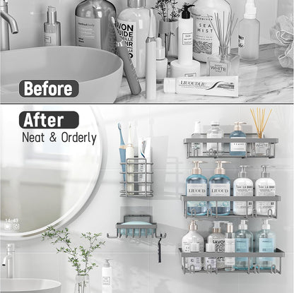 Liuoud 5 Pack Shower Caddy for Inside Shower, Gold Bathroom Storage Decor | Large Rustproof Stainless Steel Organizer with Strong Adhesive, No Drilling Wall Mounted Shelves, Bathroom Accessory Set