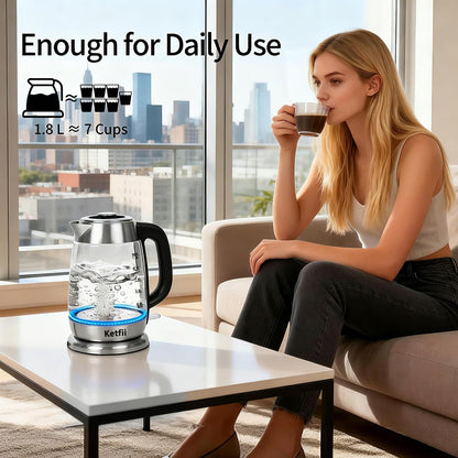 Electric Kettle 1.8 L, Stainless Steel & Glass, No Plastic, Fast Boiling | Coffee Tea Hot Water Boiler 1200W, Auto Shut Off, Boil-Dry Protection, BPA-Free, Borosilicate Glass, Removable Lid, LED Light