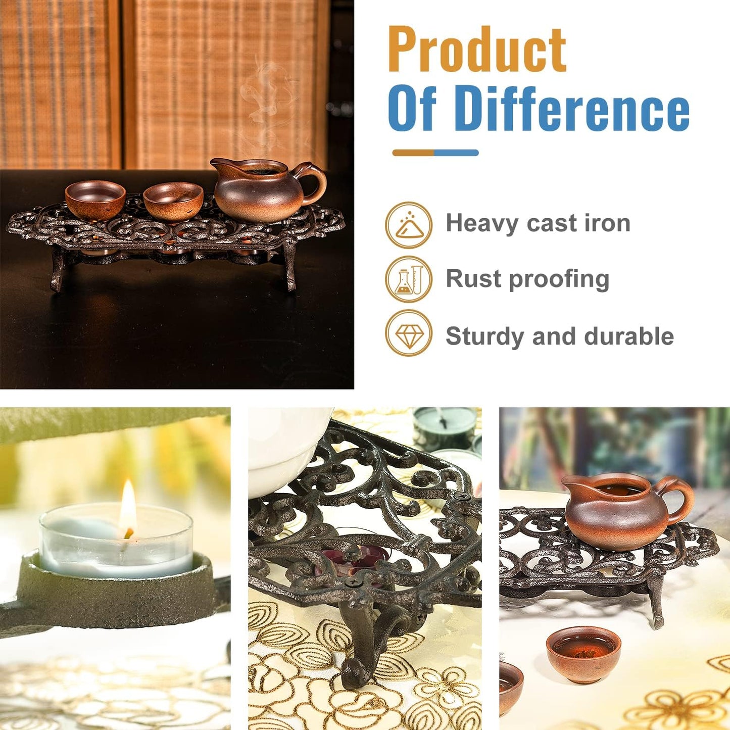Sungmor Cast Iron Teapot Warmer - Rustic Design with Tealight Holder | Heavy Duty & Decorative Candle Holder Stands for Heat Food Coffee Milk or Tea