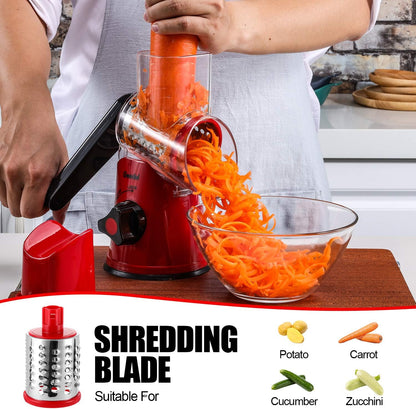 Geedel Rotary Cheese Grater, Kitchen Mandoline Vegetable Slicer with 3 Interchangeable Blades, Easy to Clean Rotary Grater Slicer for Fruit, Vegetables, Nuts | 3 Blades, 430 Stainless Steel, 12x Fast Cutting, Strong Suction Base, No BPA, Dishwasher Safe,