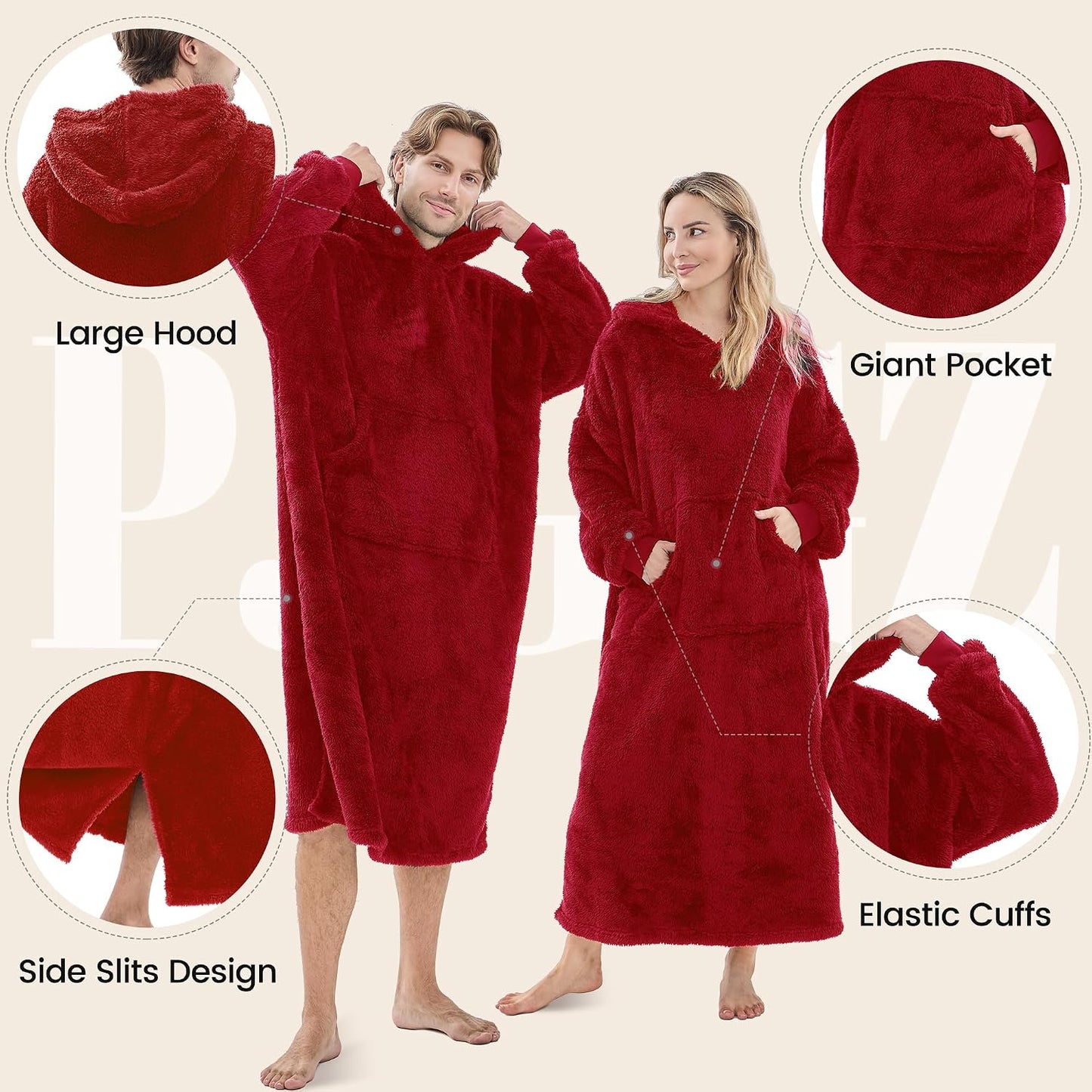 PJGGZ Wearable Blanket Hoodie for Women Men, Fleece Warm Comfy Hooded Sweatshirt with Pockets & Sleeves Cozy Gift for Adult