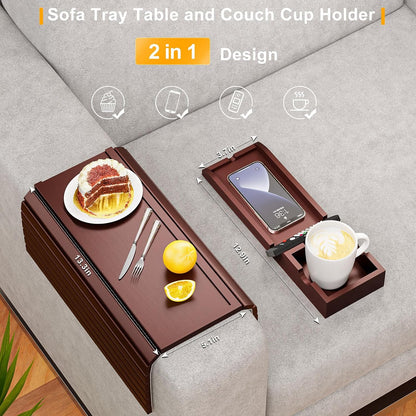 Bestjing Bamboo Sofa Armrest Tray - Couch Arm Tray with Detachable Couch Cup Holder - 2 in 1 Anti-Slip Foldable Sofa Armchair Caddy Table for Drinks Cellphone TV Remote Snacks