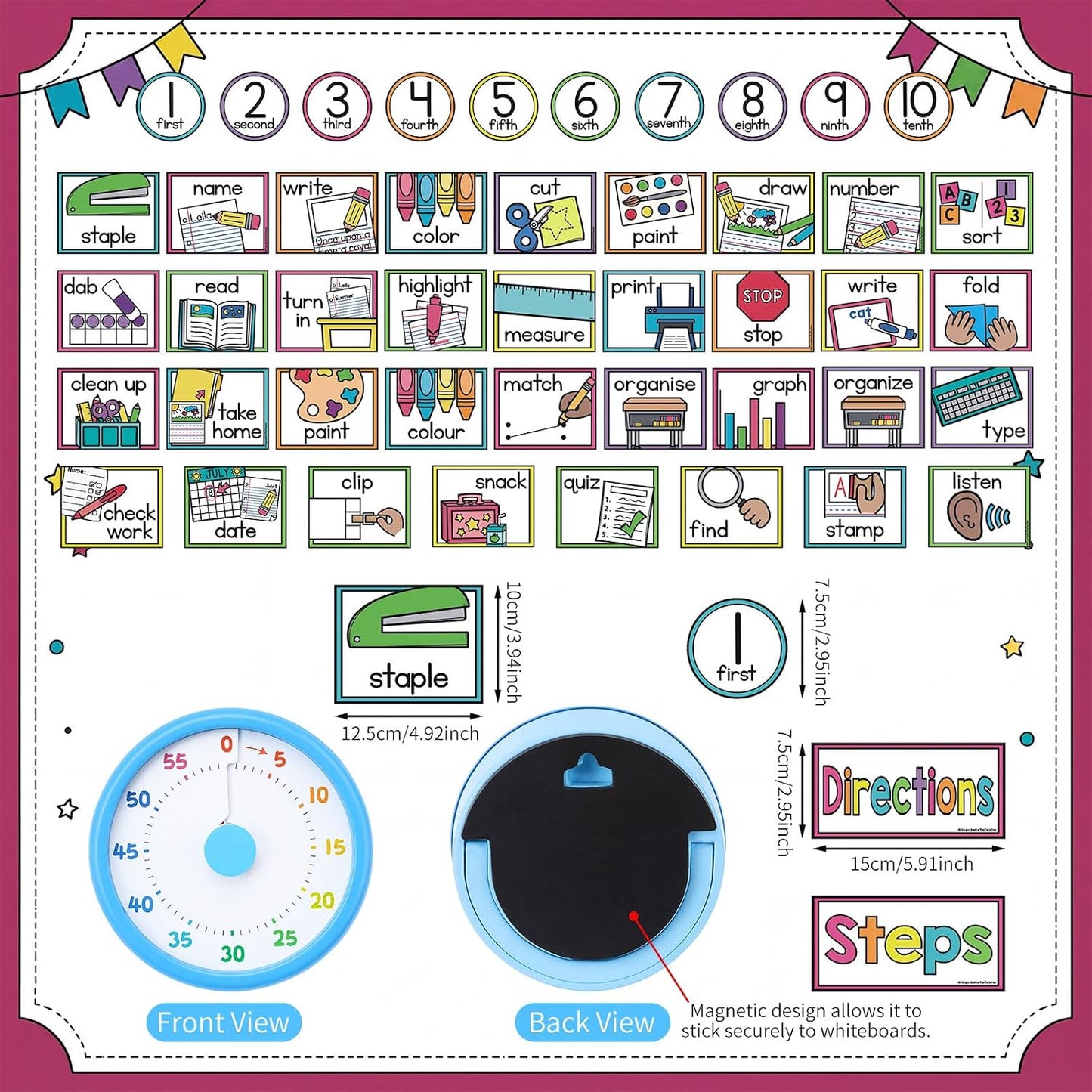 Kingdder 48Pcs Magnetic Visual Timer with 47 Classroom Visual Direction Card Classroom Schedule Card for Kid Autism Adhd Rainbow Behavior Management Tool for School Teacher Special Education Must Have