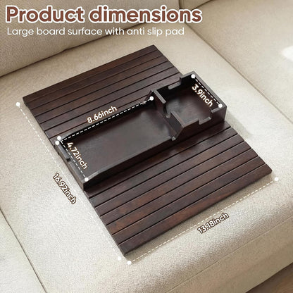 Bamboo Couch Arm Tray Table with Built-in Cup Holder, Foldable Anti-Slip Sofa Armrest Table for Drinks, Phone & Remote, Fits 4.7–16.9 in Armrests, Holds Cups up to 3.5 in Diameter (Bamboo)