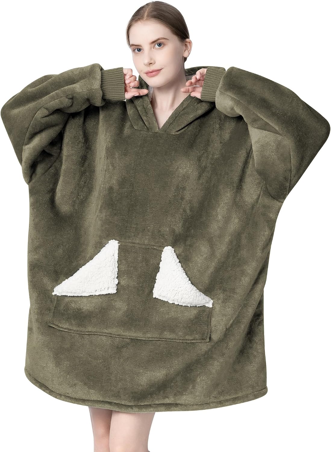 Wearable Blanket Hoodie, Oversized Sherpa Fleece Sweatshirt Blanket with Giant Hood Pocket and Sleeves for Adult, Warm & Cozy Grey Blanket Gifts for Women