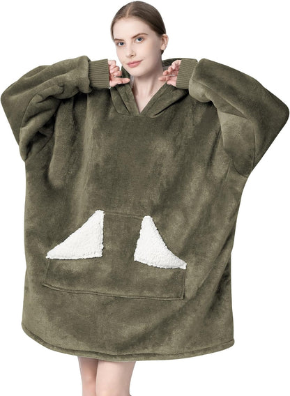 Wearable Blanket Hoodie, Oversized Sherpa Fleece Sweatshirt Blanket with Giant Hood Pocket and Sleeves for Adult, Warm & Cozy Grey Blanket Gifts for Women