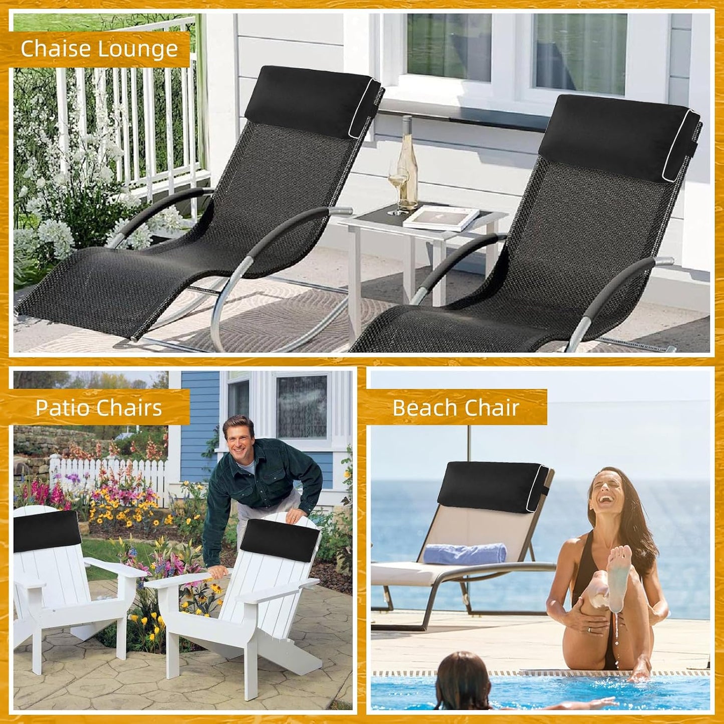 2 Pack Outdoor Chaise Lounge Head Pillow, Patio Pool Chair Pillows Water Resistant Headrest Pillow Lumbar Pillows with Insert and Adjustable Elastic Strap for Recliner Beach Chair, Dark Gray
