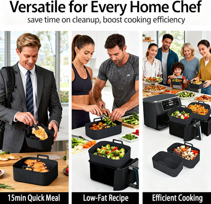 Silicone Air Fryer Liners for Ninja - Reusable DZ201 8QT Dual Basket - Rectangular 2-Pack Vacuum-Packed Easy-Clean Dishwasher-Safe Food-Safe for Home Chefs - Housewarming Gifts