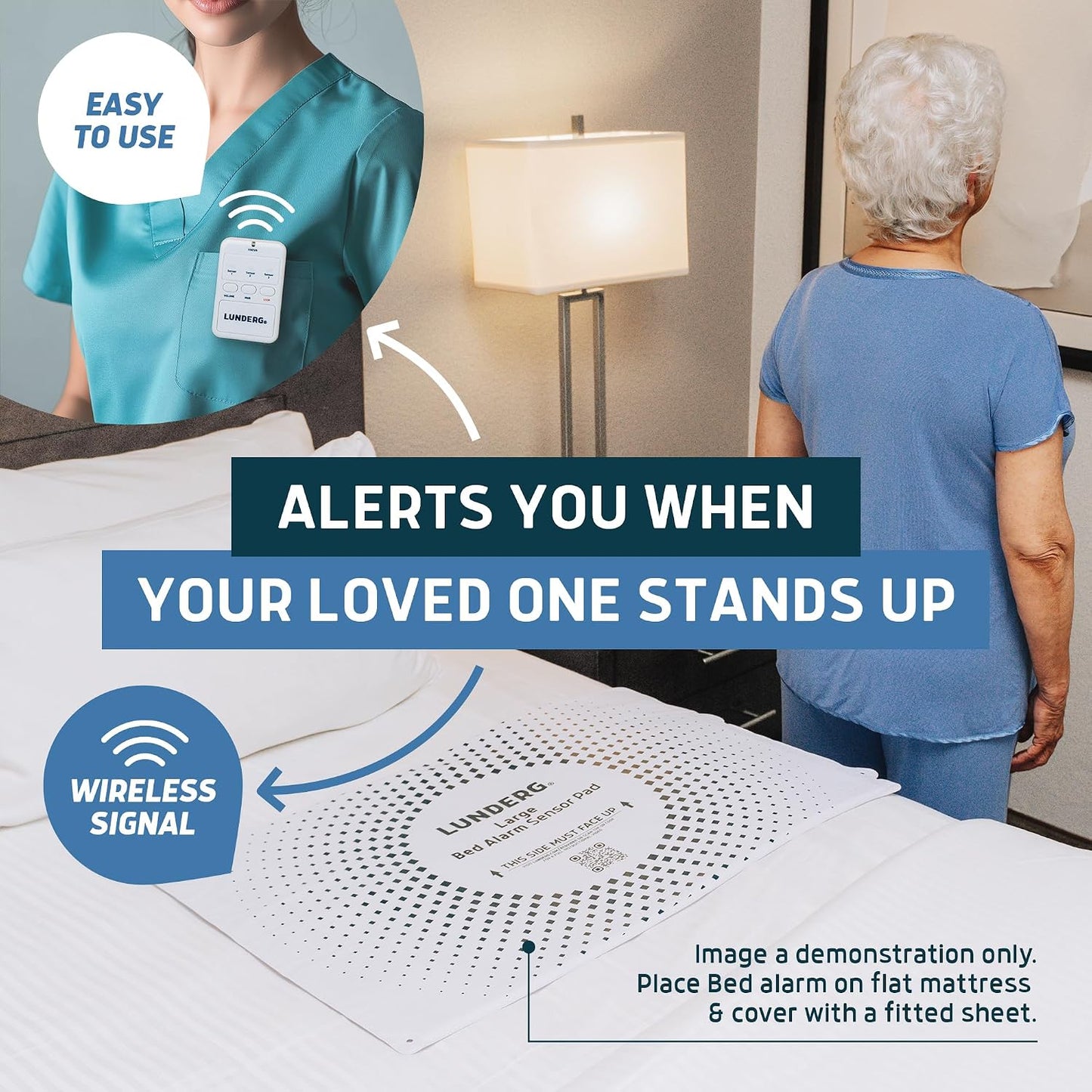 Lunderg Large Wireless Bed Alarm System for Elderly & Fall Prevention | Alerts Caregivers When They Get Up. Extra Coverage For Restless Sleepers. Great For Dementia Care & Safety. US Company.