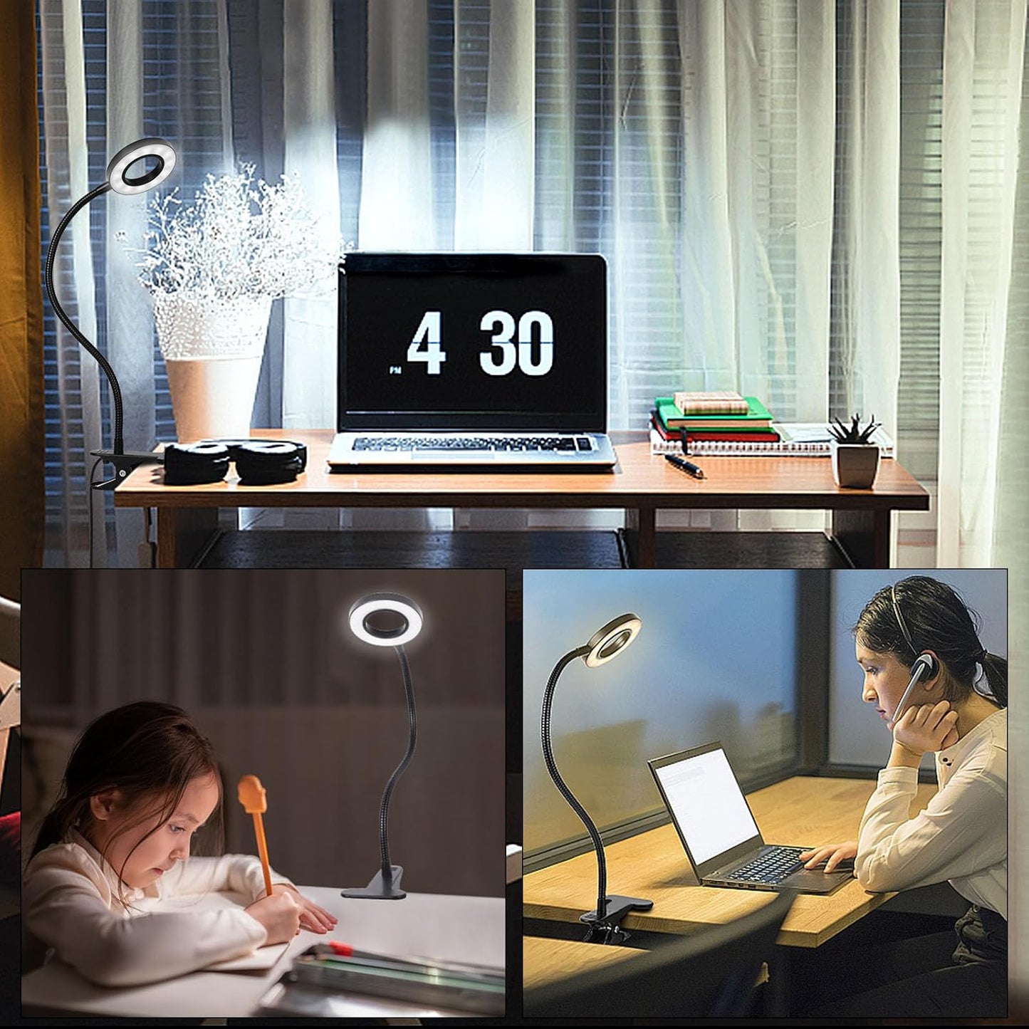 Woputne Desk Lamp Clip on Light for Bed Book Reading (Black) | 10 Dimmable Brightness 3 Light Modes Desk Lights for Home Office Clamp Bedside Lamp for Painting, Craft, Study