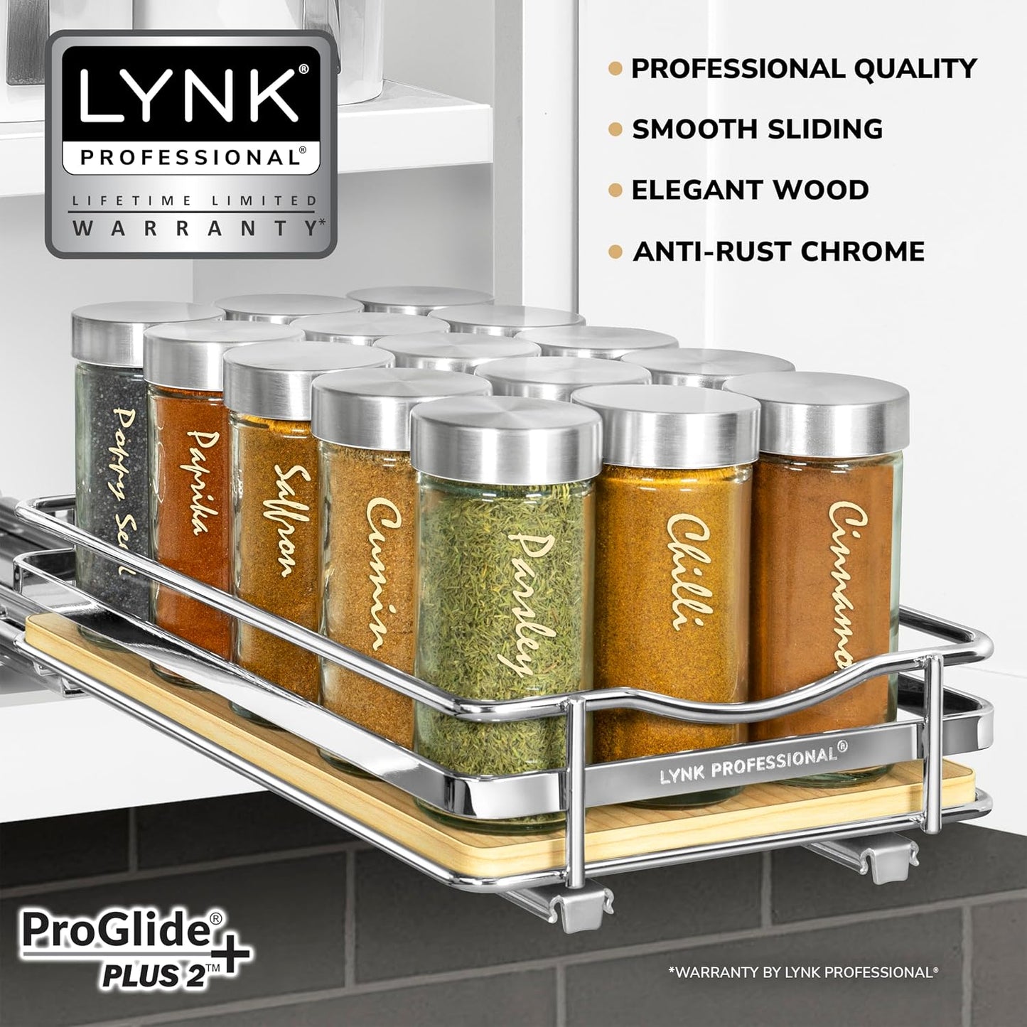 LYNK PROFESSIONAL® Pull Out Spice Organization for Cabinets - 4-3/8 inch Wide – Spice Rack for Inside Cabinets, Slide Out Spice Rack Organizer for cabinet – Pull Out Spice Rack, Sliding 2 Tier Chrome