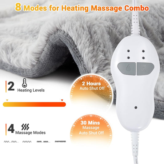 Massaging Heating Pad for Neck Shoulders and Back Massager | 24" x 35" Large Electric Heating Pad with 2 Heat Levels, 4 Massage Settings, Auto Shut-Off, 2 Massage Motors,Grey